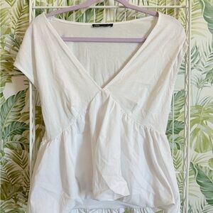 Zara Deep-V (10 in) White Women's Short-Shoulder Bubble Top
